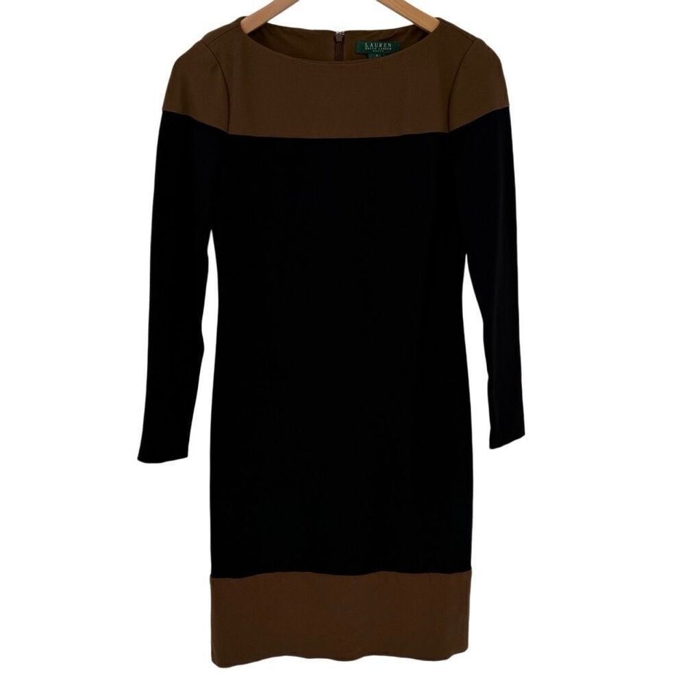 Lauren Ralph Lauren Long Sleeve Ponte Knit Sheath Dress‎ Women 4 Black Brown